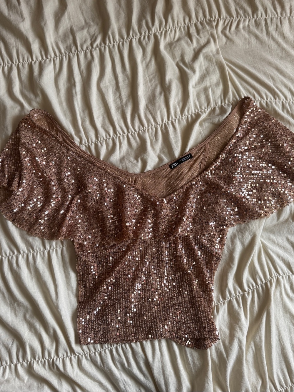 Zara Rose Gold Sequin Off-Shoulder Ruffle Crop Top
